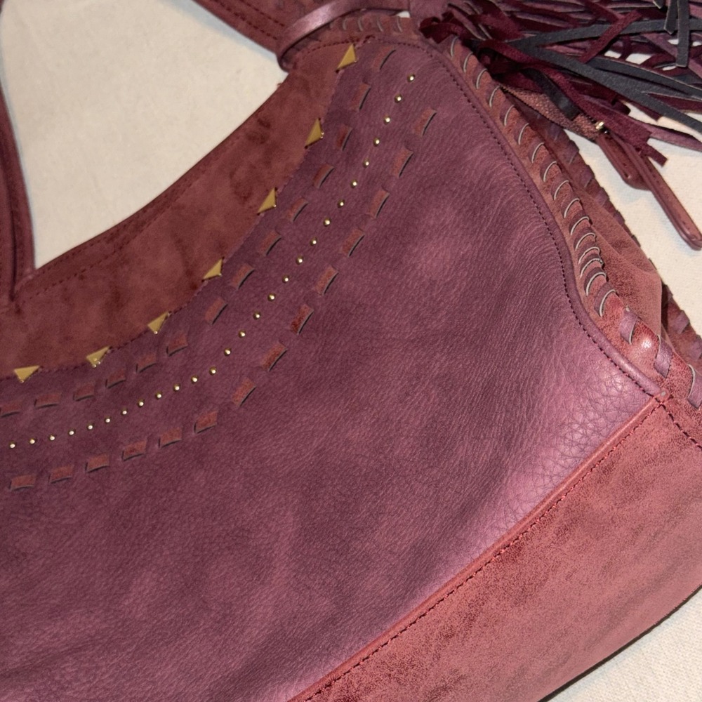 Steven Steve Madden Burgundy Boho Tassel Hobo Whipstitch Studded Faux Lthr Y2K